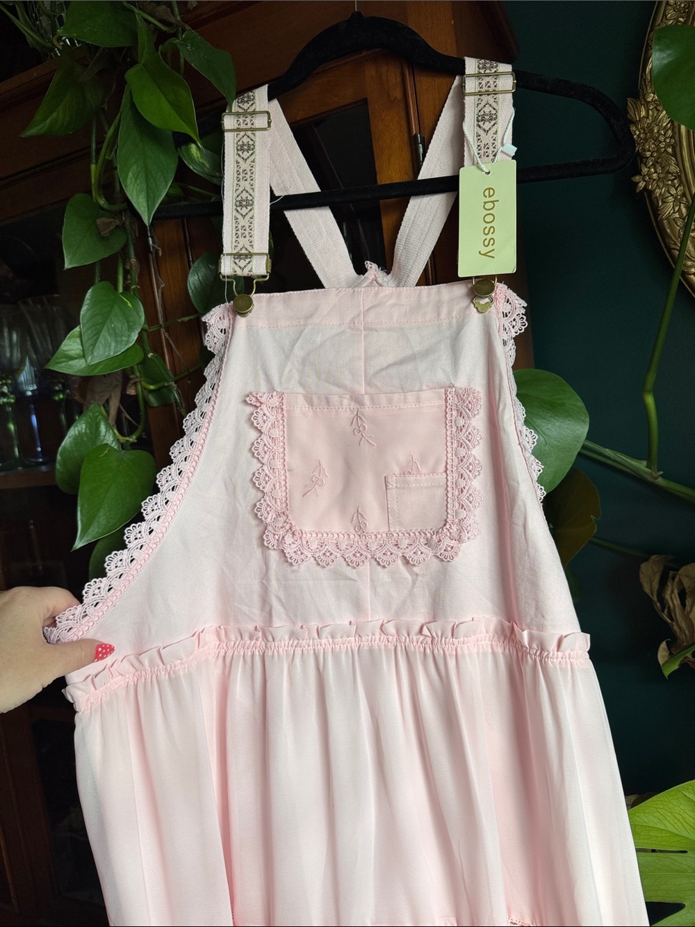 Boss Light Pink Lace-Trim womens Pinafore Overall Dress